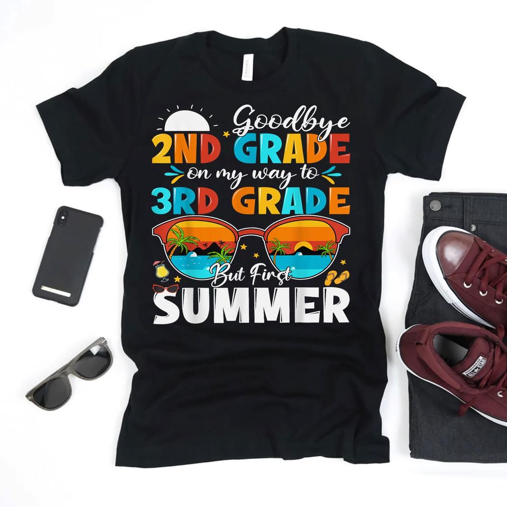 Goodbye 2nd Grade Graduation To 3rd Grade Hello Summer Kids Shirt Unisex Standard T-Shirt black s